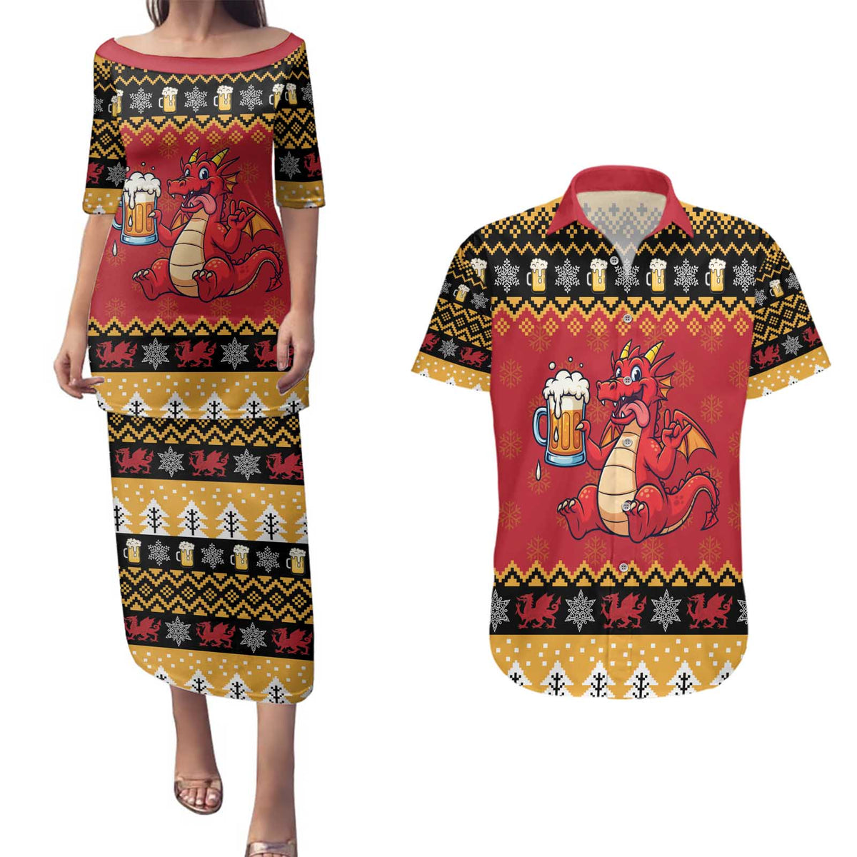 Carmarthenshire Wales Christmas Couples Matching Puletasi and Hawaiian Shirt Funny Welsh Red Dragon Beer Xmas - Wonder Print Shop