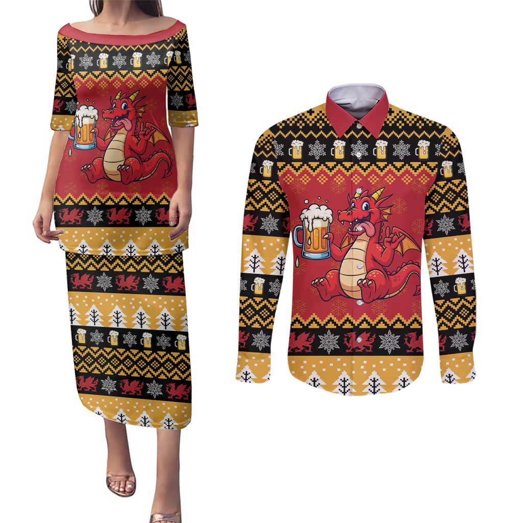 Carmarthenshire Wales Christmas Couples Matching Puletasi and Long Sleeve Button Shirt Funny Welsh Red Dragon Beer Xmas - Wonder Print Shop