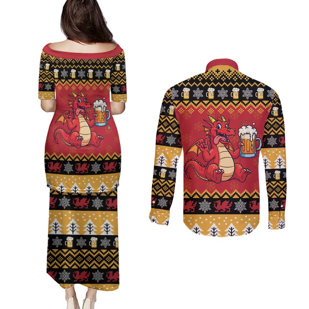 Carmarthenshire Wales Christmas Couples Matching Puletasi and Long Sleeve Button Shirt Funny Welsh Red Dragon Beer Xmas - Wonder Print Shop