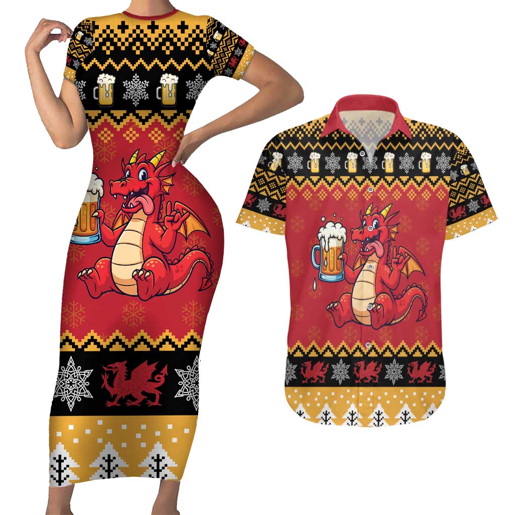 Carmarthenshire Wales Christmas Couples Matching Short Sleeve Bodycon Dress and Hawaiian Shirt Funny Welsh Red Dragon Beer Xmas - Wonder Print Shop