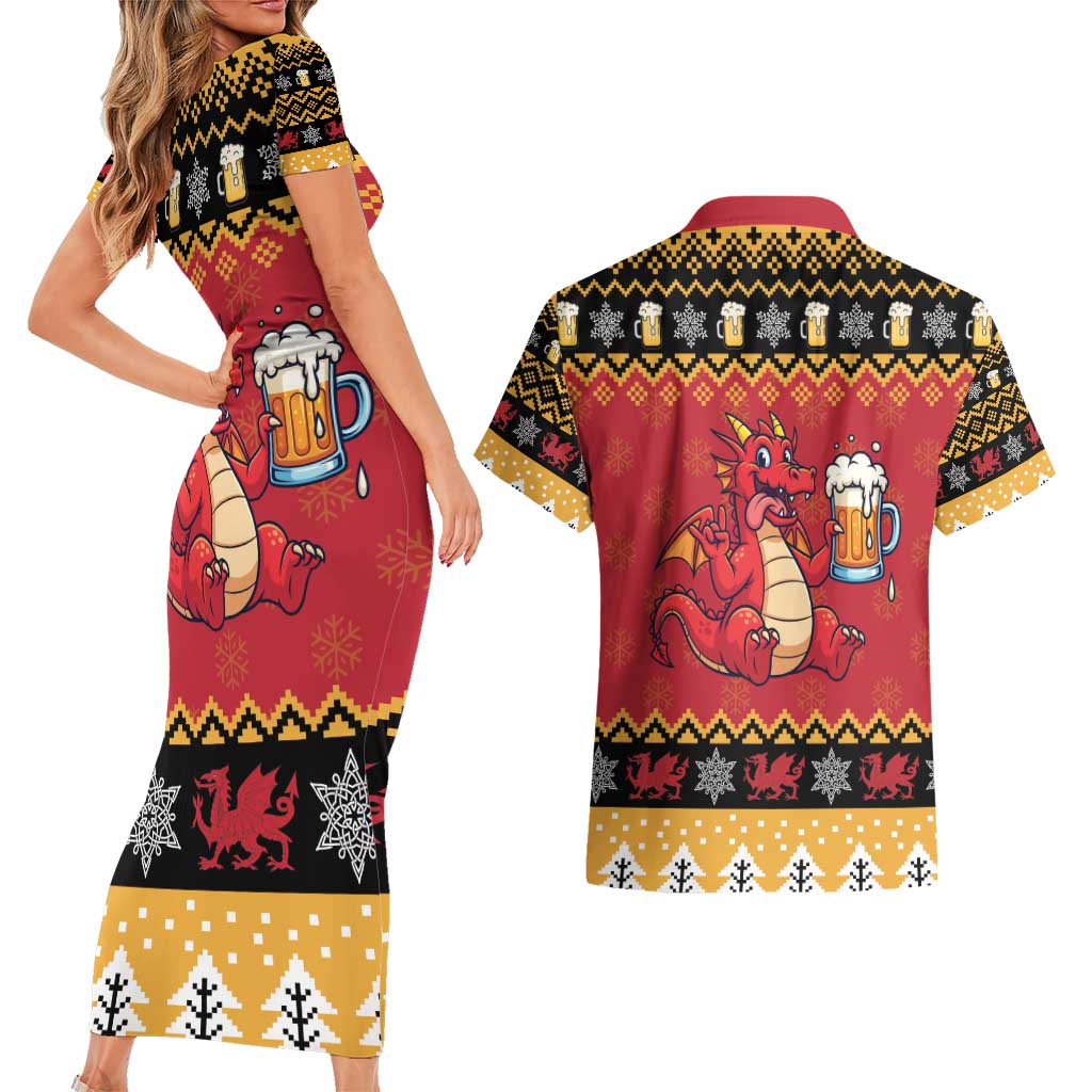 Carmarthenshire Wales Christmas Couples Matching Short Sleeve Bodycon Dress and Hawaiian Shirt Funny Welsh Red Dragon Beer Xmas - Wonder Print Shop