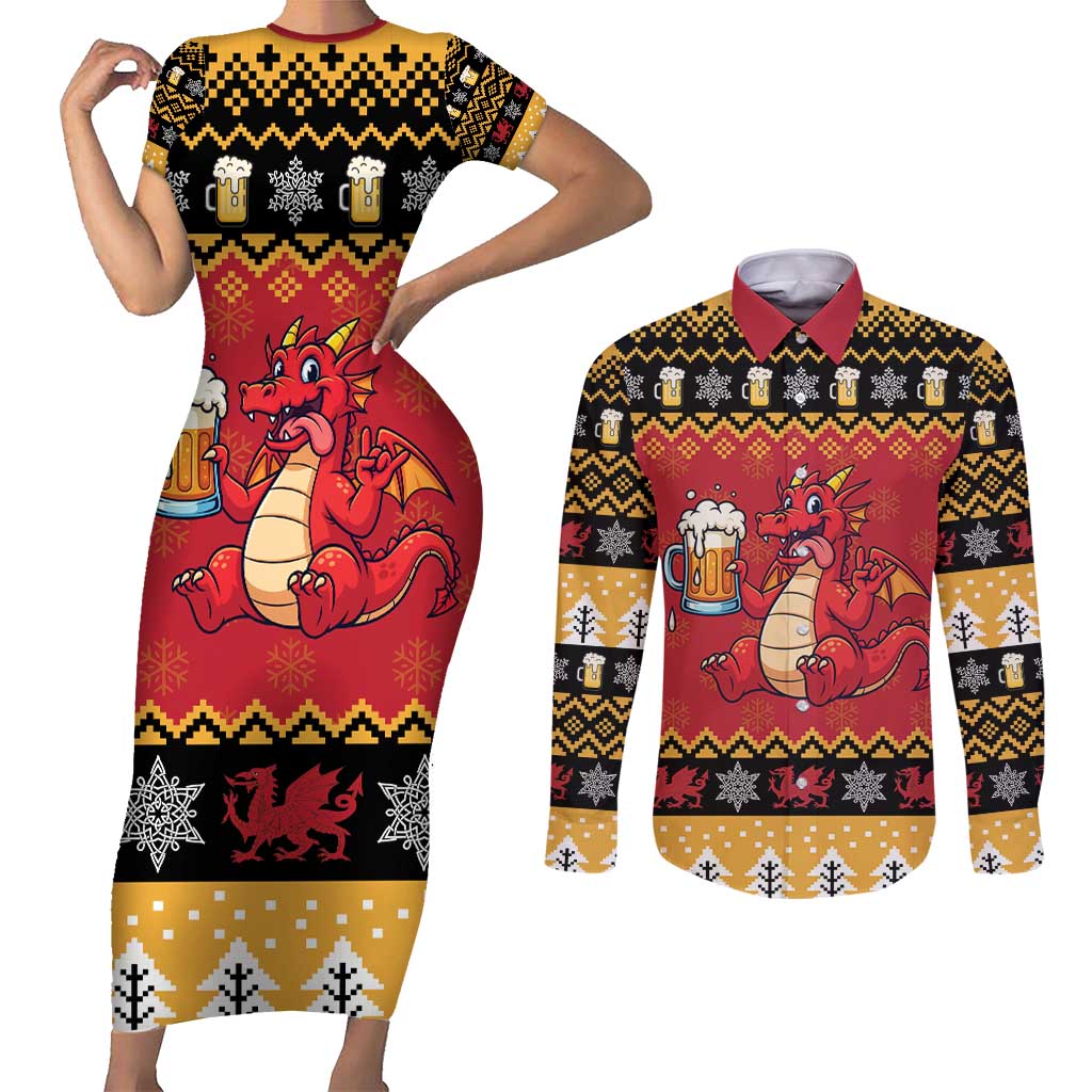 Carmarthenshire Wales Christmas Couples Matching Short Sleeve Bodycon Dress and Long Sleeve Button Shirt Funny Welsh Red Dragon Beer Xmas - Wonder Print Shop