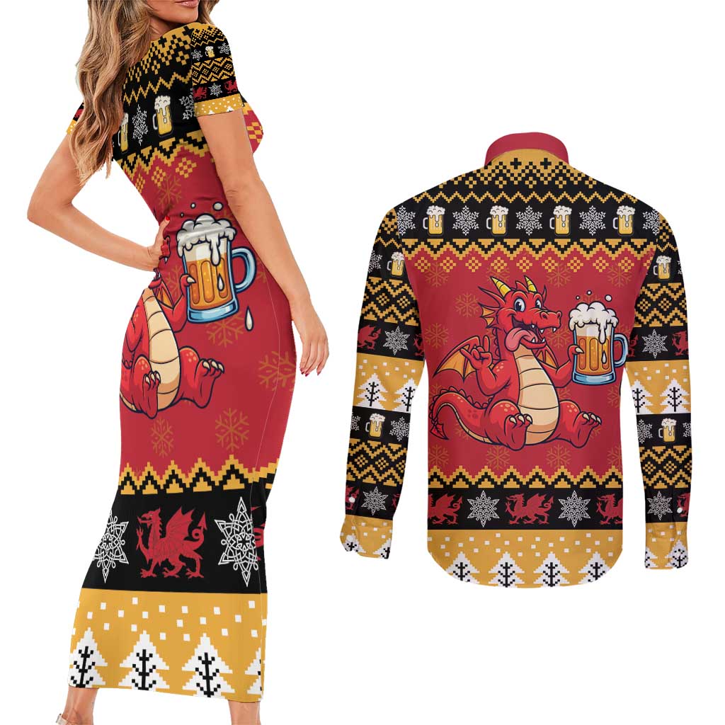 Carmarthenshire Wales Christmas Couples Matching Short Sleeve Bodycon Dress and Long Sleeve Button Shirt Funny Welsh Red Dragon Beer Xmas - Wonder Print Shop