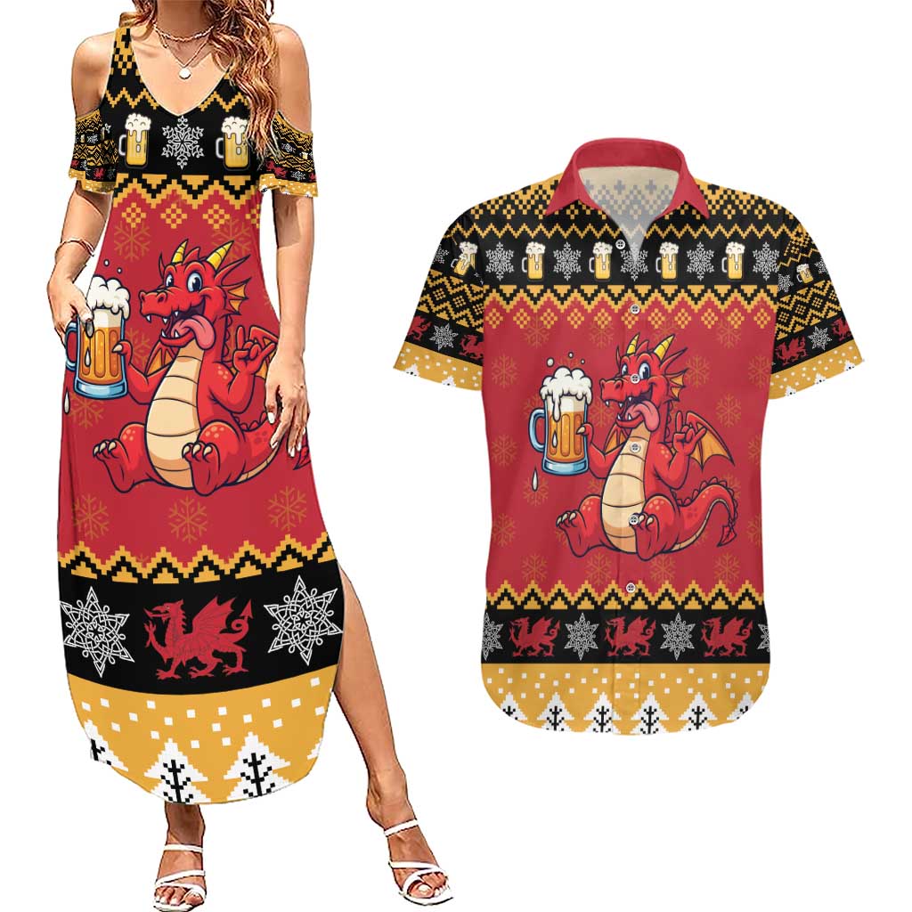 Carmarthenshire Wales Christmas Couples Matching Summer Maxi Dress and Hawaiian Shirt Funny Welsh Red Dragon Beer Xmas - Wonder Print Shop