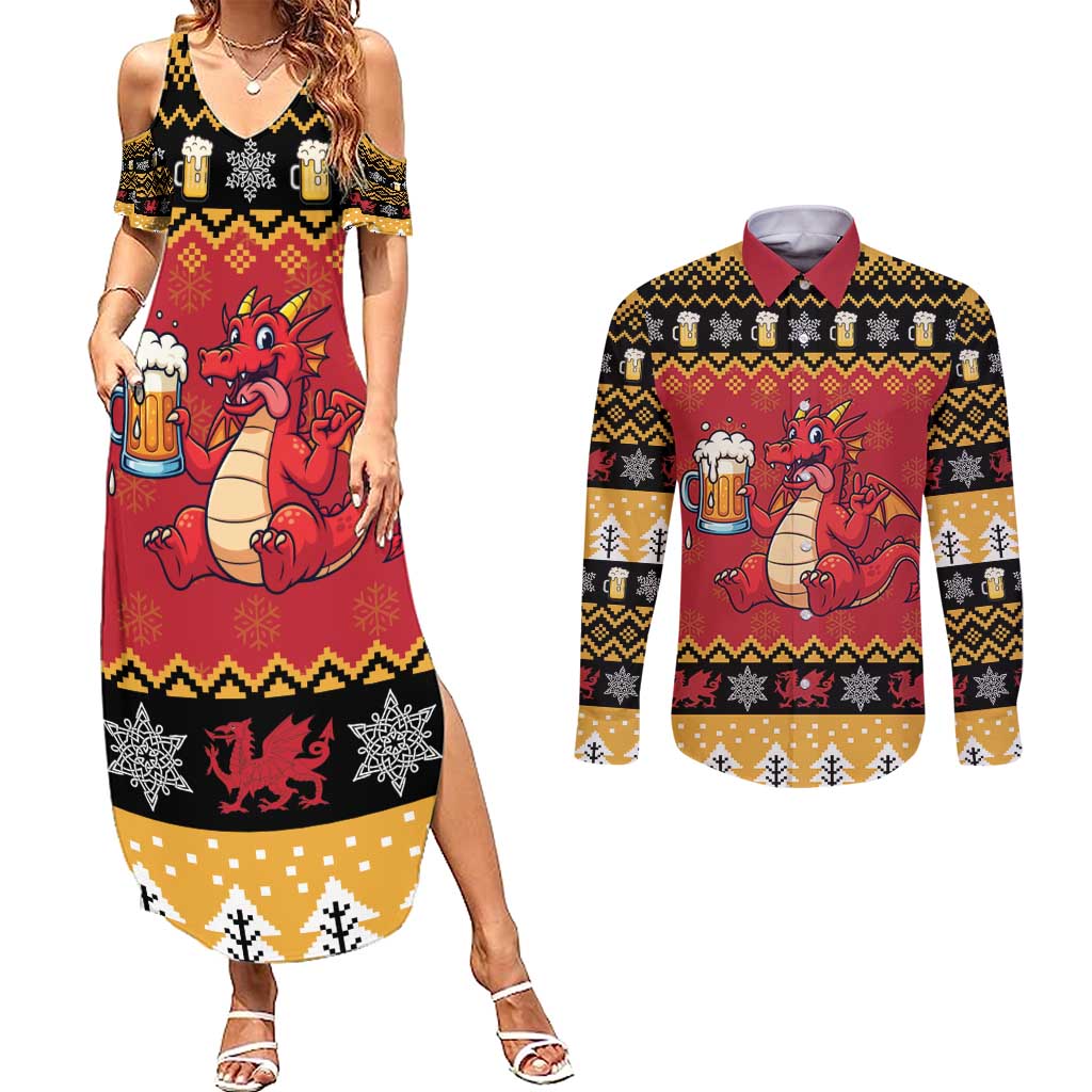 Carmarthenshire Wales Christmas Couples Matching Summer Maxi Dress and Long Sleeve Button Shirt Funny Welsh Red Dragon Beer Xmas - Wonder Print Shop