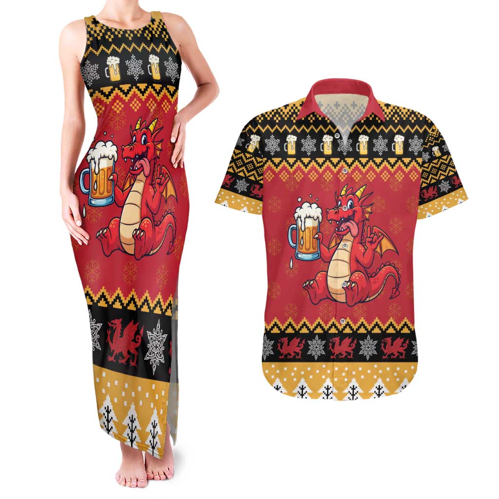 Carmarthenshire Wales Christmas Couples Matching Tank Maxi Dress and Hawaiian Shirt Funny Welsh Red Dragon Beer Xmas - Wonder Print Shop