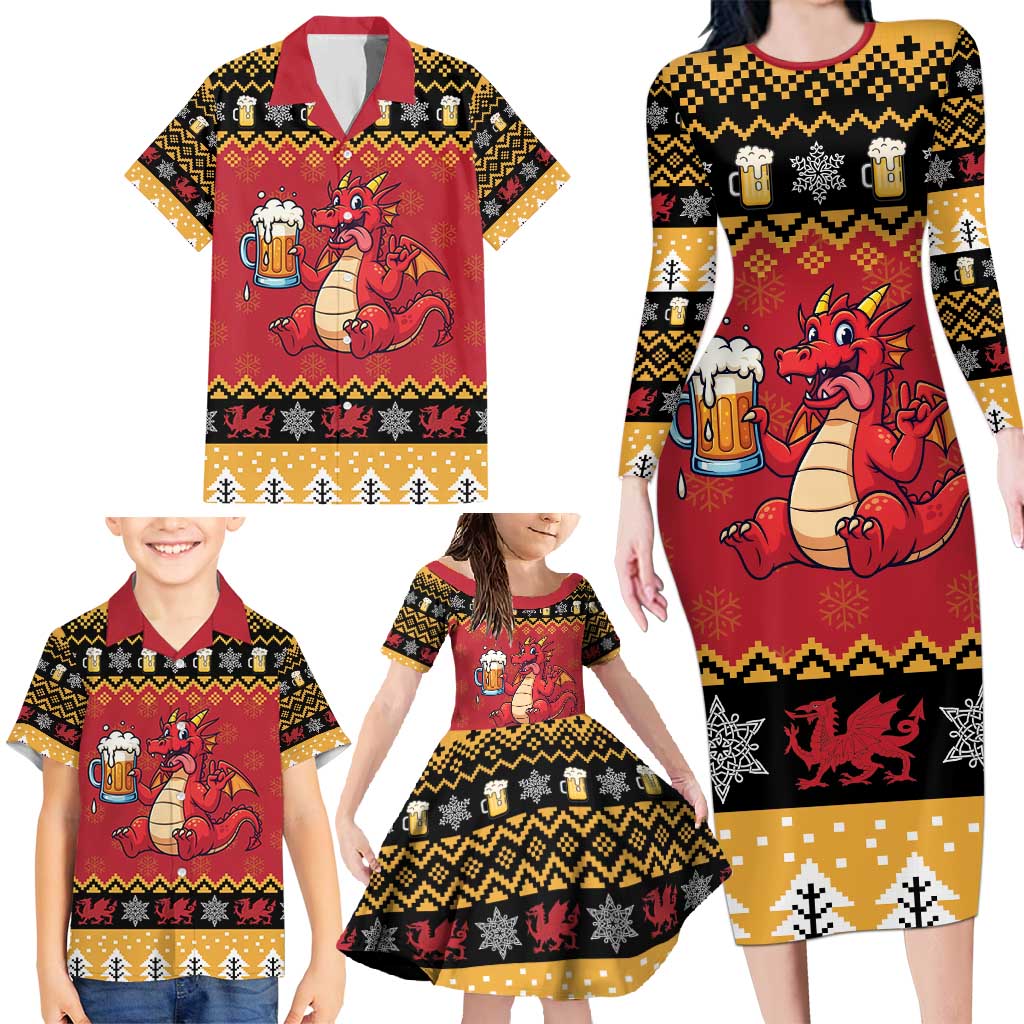 Carmarthenshire Wales Christmas Family Matching Long Sleeve Bodycon Dress and Hawaiian Shirt Funny Welsh Red Dragon Beer Xmas - Wonder Print Shop