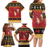 Carmarthenshire Wales Christmas Family Matching Long Sleeve Bodycon Dress and Hawaiian Shirt Funny Welsh Red Dragon Beer Xmas - Wonder Print Shop