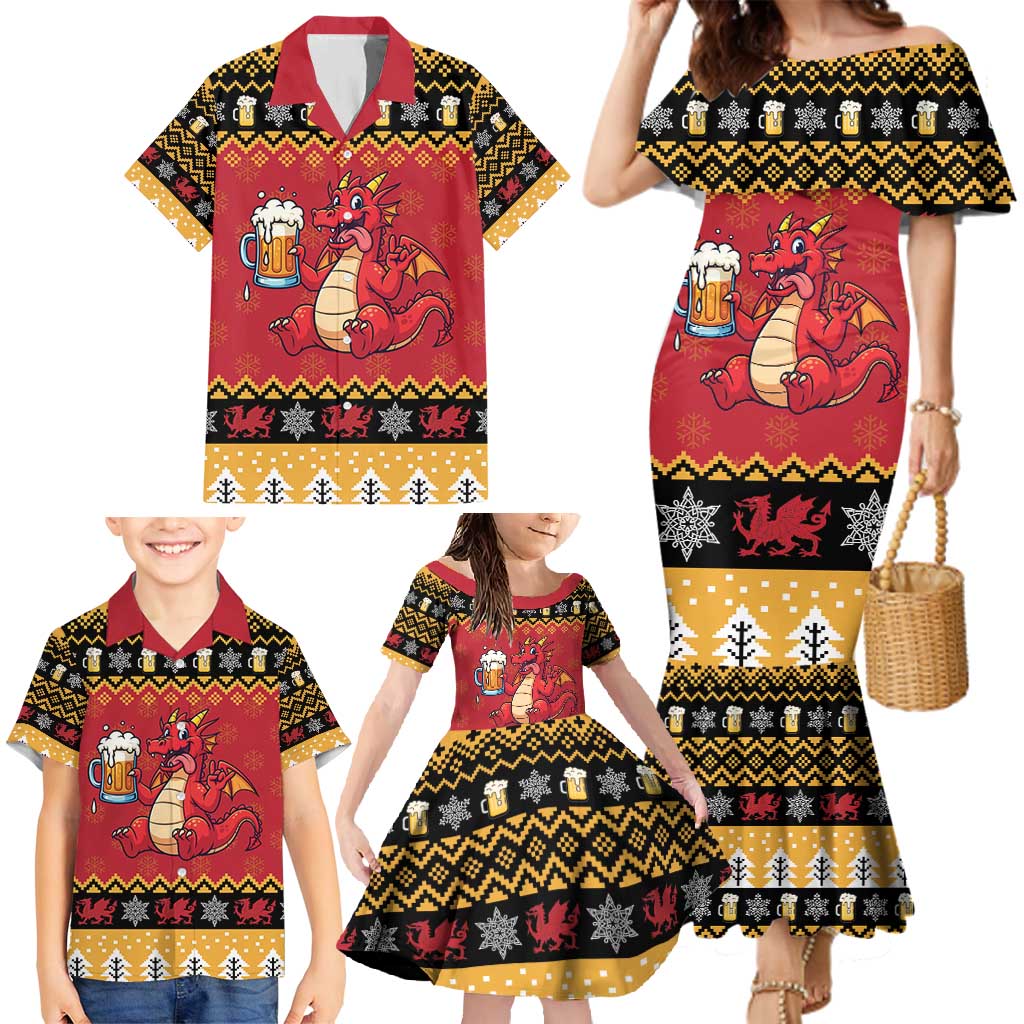 Carmarthenshire Wales Christmas Family Matching Mermaid Dress and Hawaiian Shirt Funny Welsh Red Dragon Beer Xmas - Wonder Print Shop