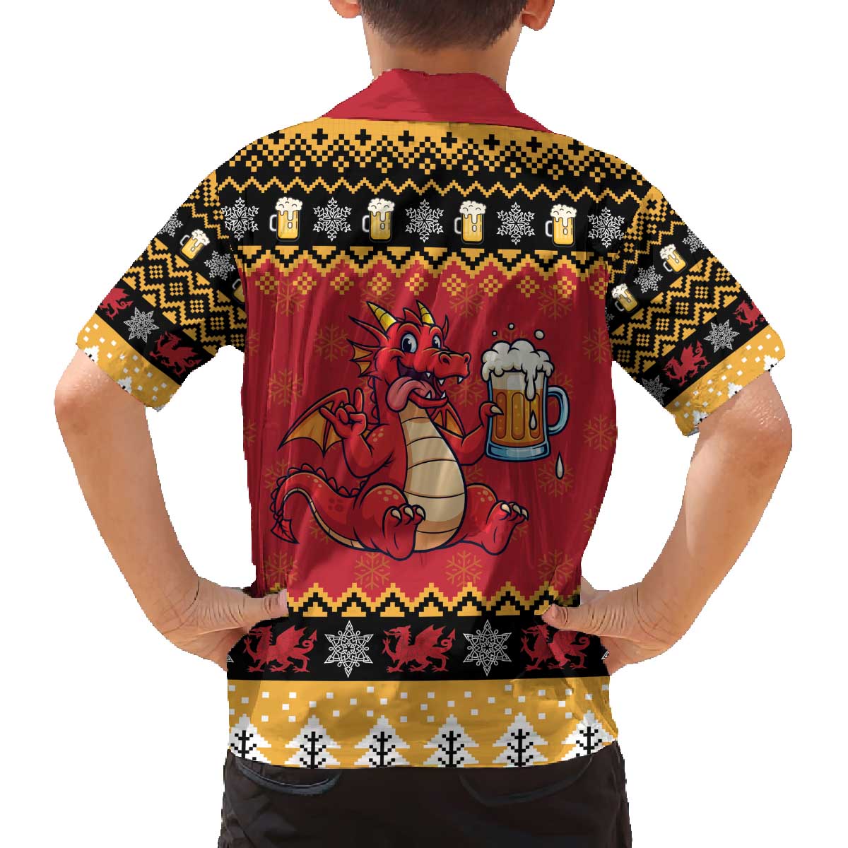 Carmarthenshire Wales Christmas Family Matching Off The Shoulder Long Sleeve Dress and Hawaiian Shirt Funny Welsh Red Dragon Beer Xmas - Wonder Print Shop