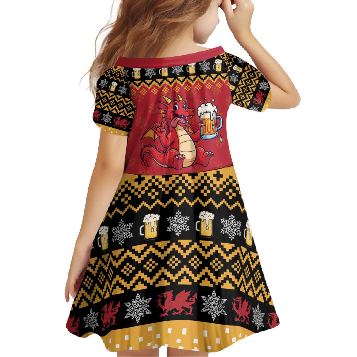 Carmarthenshire Wales Christmas Family Matching Off The Shoulder Long Sleeve Dress and Hawaiian Shirt Funny Welsh Red Dragon Beer Xmas - Wonder Print Shop