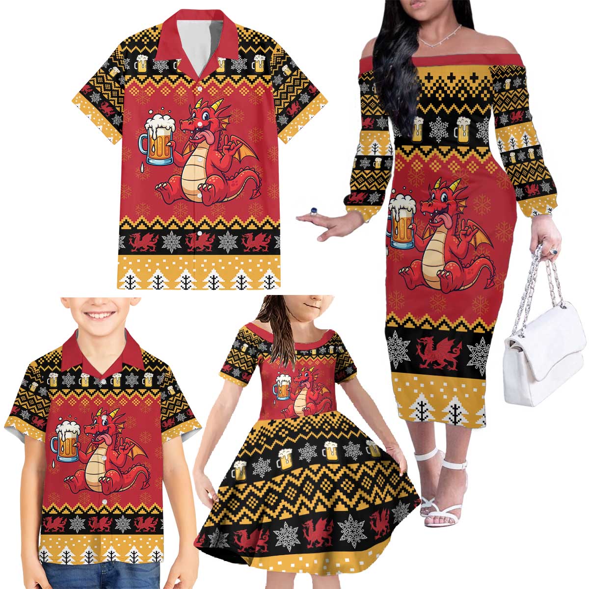 Carmarthenshire Wales Christmas Family Matching Off The Shoulder Long Sleeve Dress and Hawaiian Shirt Funny Welsh Red Dragon Beer Xmas - Wonder Print Shop