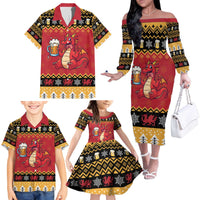 Carmarthenshire Wales Christmas Family Matching Off The Shoulder Long Sleeve Dress and Hawaiian Shirt Funny Welsh Red Dragon Beer Xmas - Wonder Print Shop