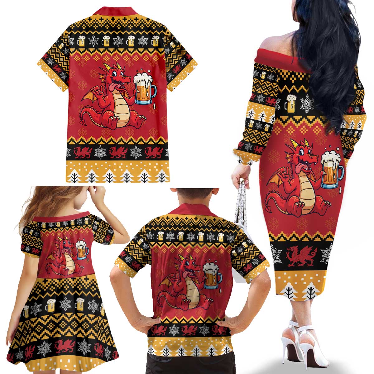 Carmarthenshire Wales Christmas Family Matching Off The Shoulder Long Sleeve Dress and Hawaiian Shirt Funny Welsh Red Dragon Beer Xmas - Wonder Print Shop