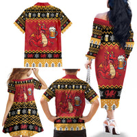 Carmarthenshire Wales Christmas Family Matching Off The Shoulder Long Sleeve Dress and Hawaiian Shirt Funny Welsh Red Dragon Beer Xmas - Wonder Print Shop
