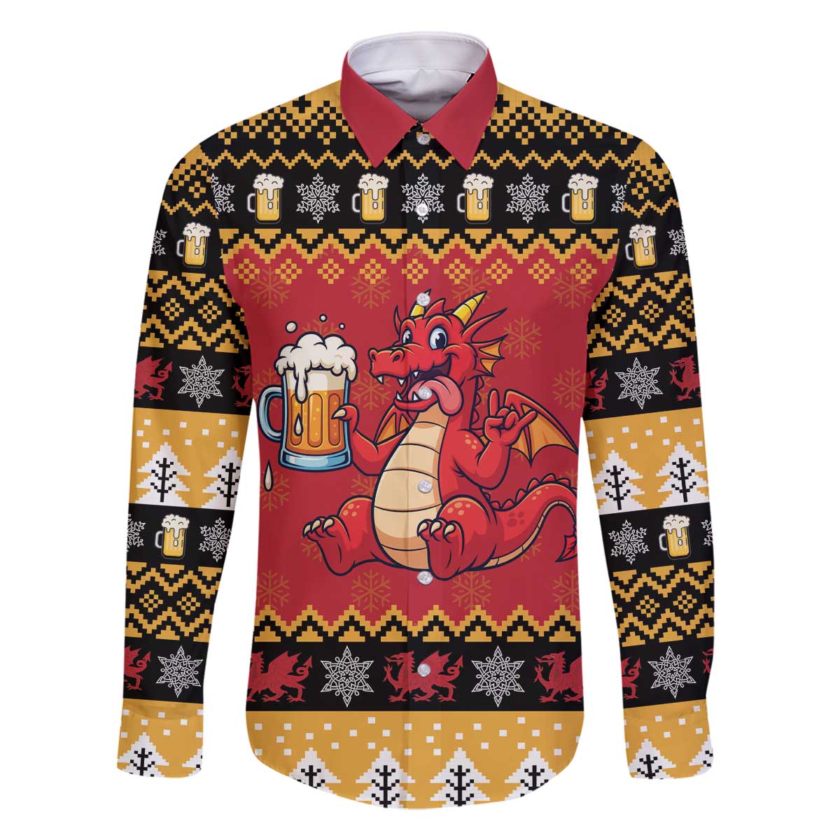Carmarthenshire Wales Christmas Family Matching Off The Shoulder Long Sleeve Dress and Hawaiian Shirt Funny Welsh Red Dragon Beer Xmas - Wonder Print Shop
