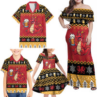 Carmarthenshire Wales Christmas Family Matching Off Shoulder Maxi Dress and Hawaiian Shirt Funny Welsh Red Dragon Beer Xmas - Wonder Print Shop