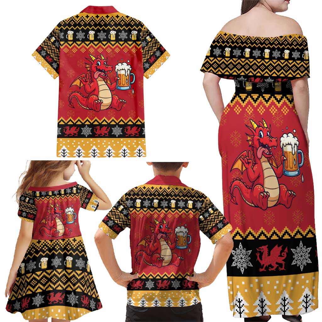Carmarthenshire Wales Christmas Family Matching Off Shoulder Maxi Dress and Hawaiian Shirt Funny Welsh Red Dragon Beer Xmas - Wonder Print Shop