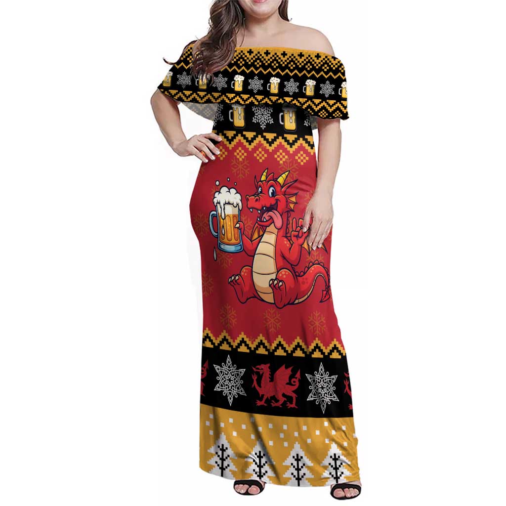 Carmarthenshire Wales Christmas Family Matching Off Shoulder Maxi Dress and Hawaiian Shirt Funny Welsh Red Dragon Beer Xmas - Wonder Print Shop
