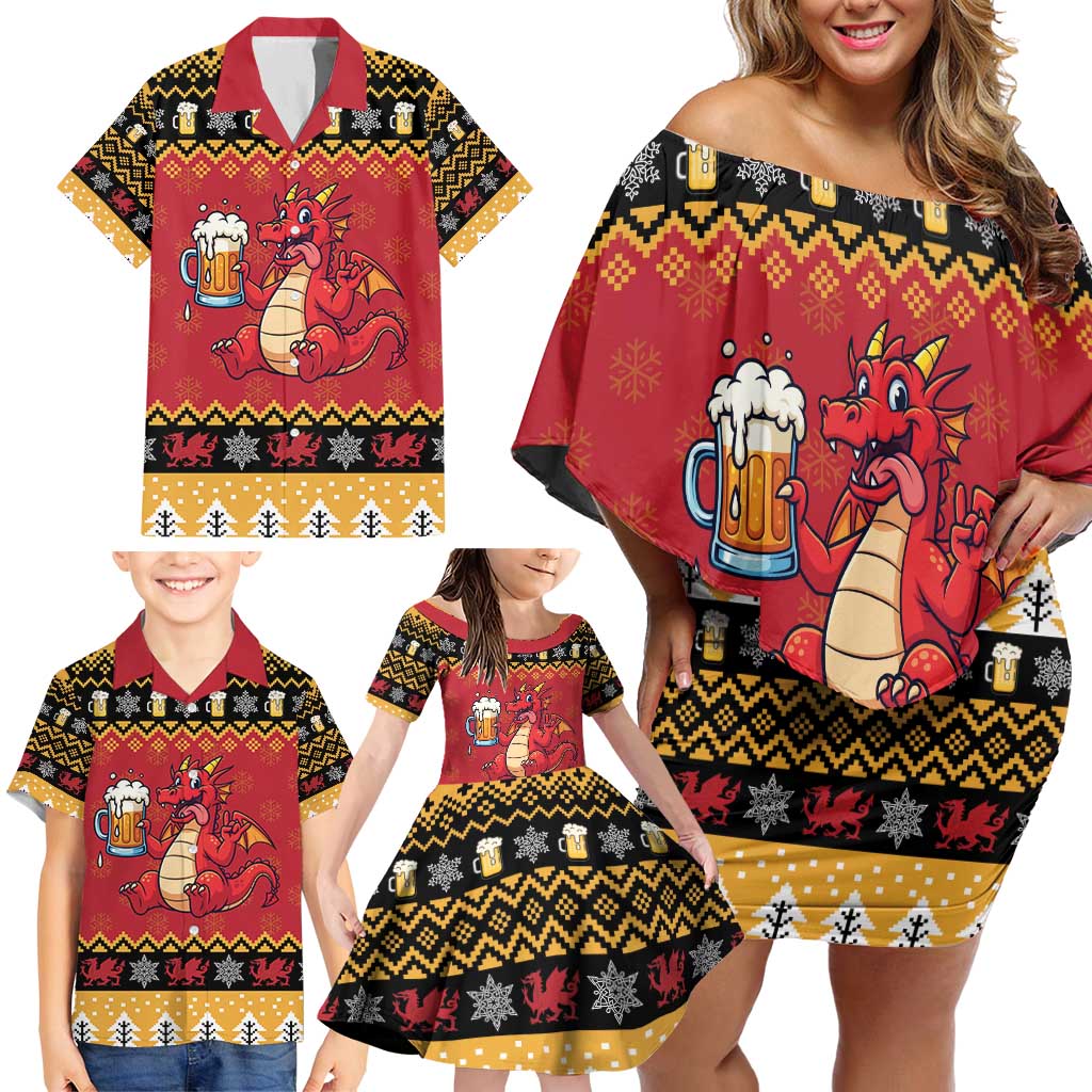 Carmarthenshire Wales Christmas Family Matching Off Shoulder Short Dress and Hawaiian Shirt Funny Welsh Red Dragon Beer Xmas - Wonder Print Shop