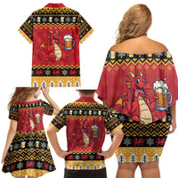 Carmarthenshire Wales Christmas Family Matching Off Shoulder Short Dress and Hawaiian Shirt Funny Welsh Red Dragon Beer Xmas - Wonder Print Shop