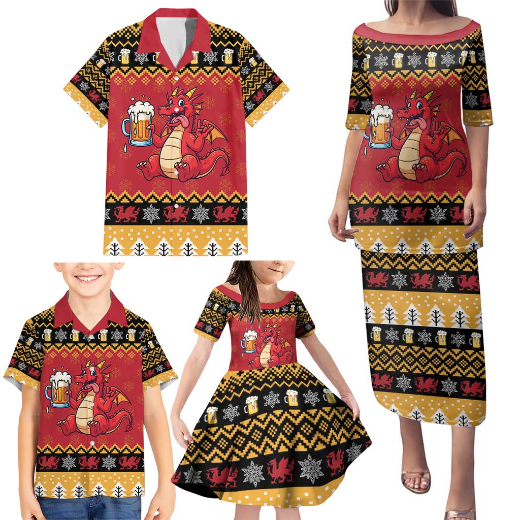 Carmarthenshire Wales Christmas Family Matching Puletasi and Hawaiian Shirt Funny Welsh Red Dragon Beer Xmas - Wonder Print Shop
