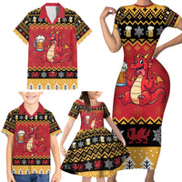 Carmarthenshire Wales Christmas Family Matching Short Sleeve Bodycon Dress and Hawaiian Shirt Funny Welsh Red Dragon Beer Xmas - Wonder Print Shop