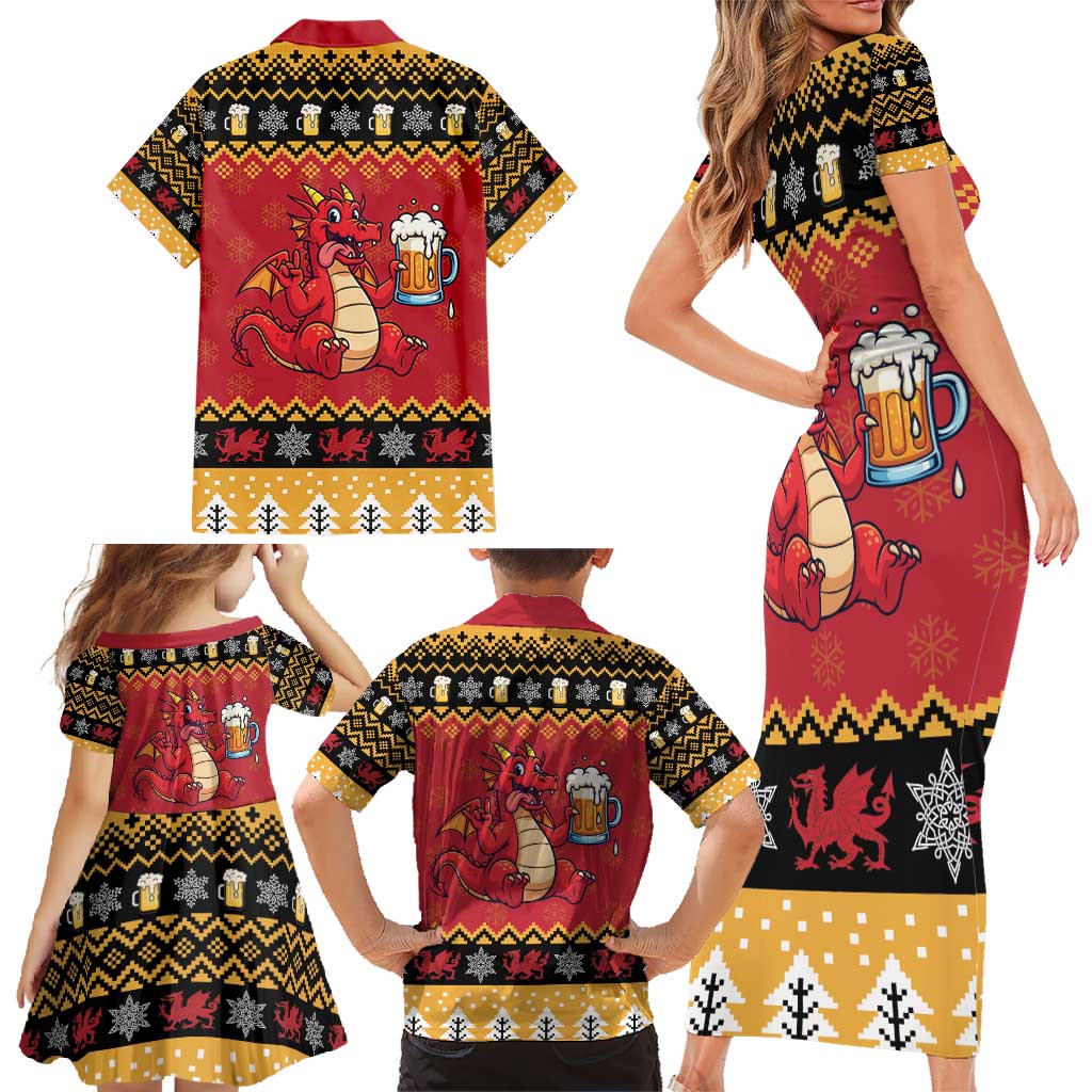 Carmarthenshire Wales Christmas Family Matching Short Sleeve Bodycon Dress and Hawaiian Shirt Funny Welsh Red Dragon Beer Xmas - Wonder Print Shop