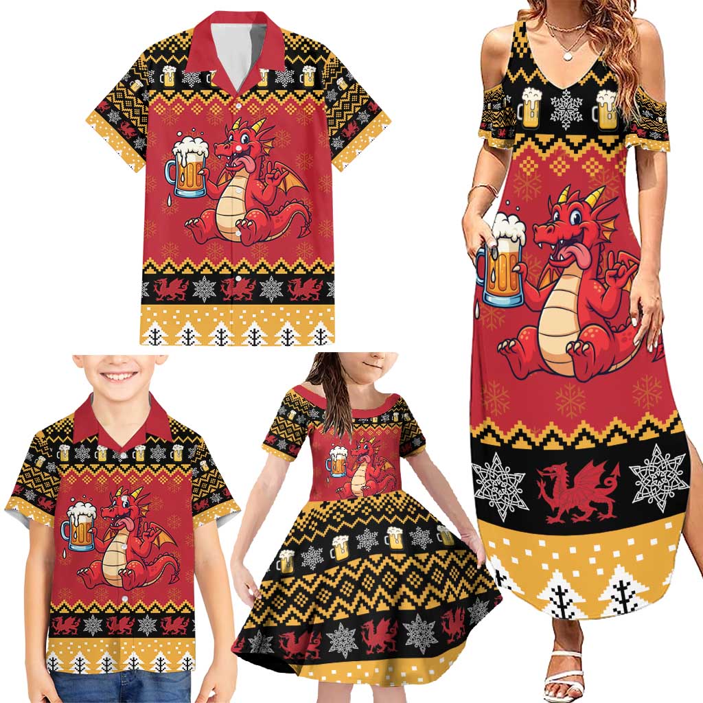 Carmarthenshire Wales Christmas Family Matching Summer Maxi Dress and Hawaiian Shirt Funny Welsh Red Dragon Beer Xmas - Wonder Print Shop