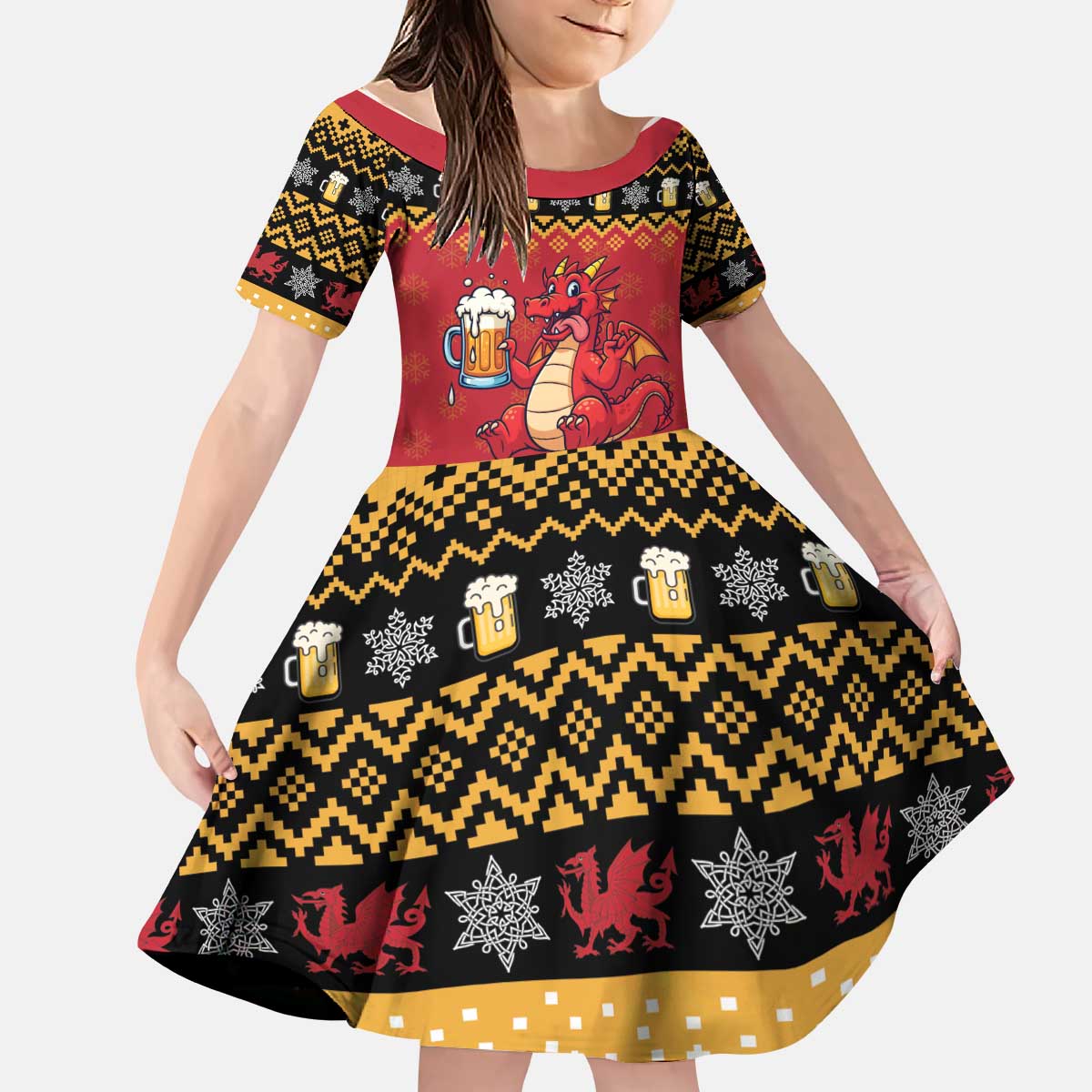 Carmarthenshire Wales Christmas Kid Short Sleeve Dress Funny Welsh Red Dragon Beer Xmas - Wonder Print Shop