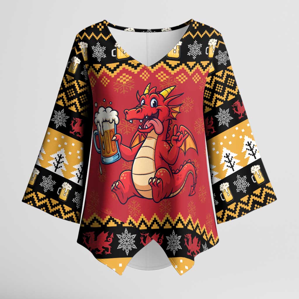 Carmarthenshire Wales Christmas Kimono Sleeve Blouse Funny Welsh Red Dragon Beer Xmas - Wonder Print Shop