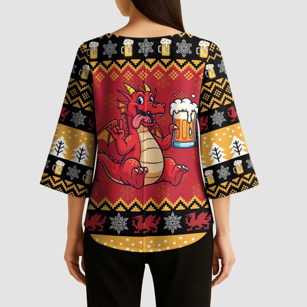 Carmarthenshire Wales Christmas Kimono Sleeve Blouse Funny Welsh Red Dragon Beer Xmas - Wonder Print Shop