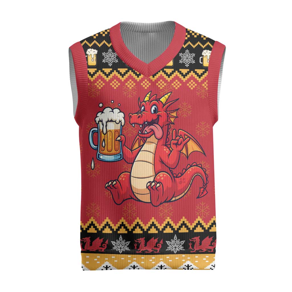 Carmarthenshire Wales Christmas Knitted V-Neck Vest Funny Welsh Red Dragon Beer Xmas - Wonder Print Shop