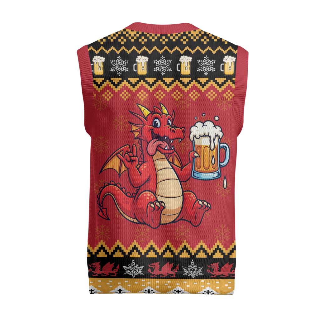 Carmarthenshire Wales Christmas Knitted V-Neck Vest Funny Welsh Red Dragon Beer Xmas - Wonder Print Shop