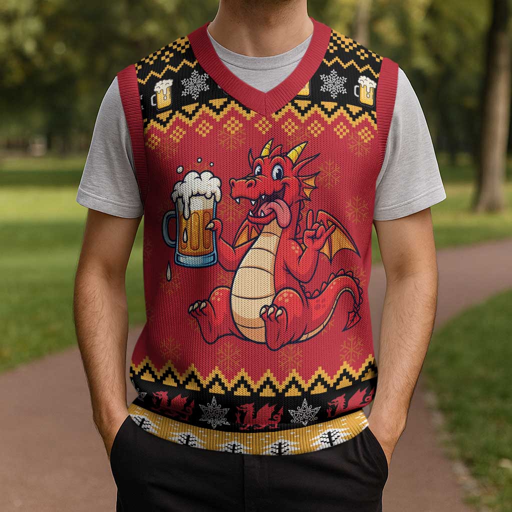Carmarthenshire Wales Christmas Knitted V-Neck Vest Funny Welsh Red Dragon Beer Xmas - Wonder Print Shop