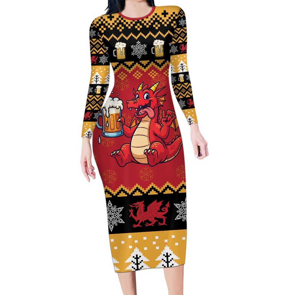 Carmarthenshire Wales Christmas Long Sleeve Bodycon Dress Funny Welsh Red Dragon Beer Xmas - Wonder Print Shop