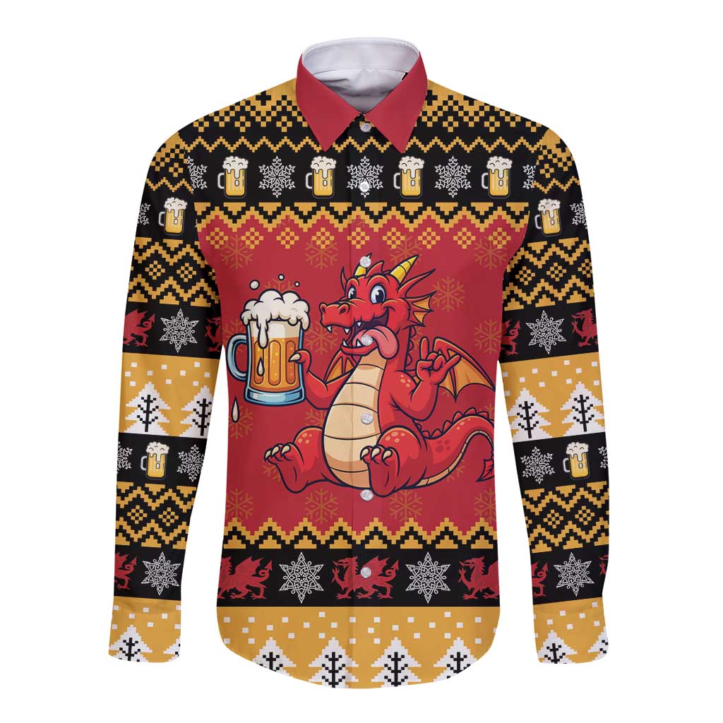 Carmarthenshire Wales Christmas Long Sleeve Button Shirt Funny Welsh Red Dragon Beer Xmas - Wonder Print Shop