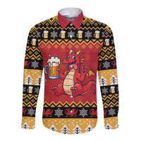 Carmarthenshire Wales Christmas Long Sleeve Button Shirt Funny Welsh Red Dragon Beer Xmas - Wonder Print Shop