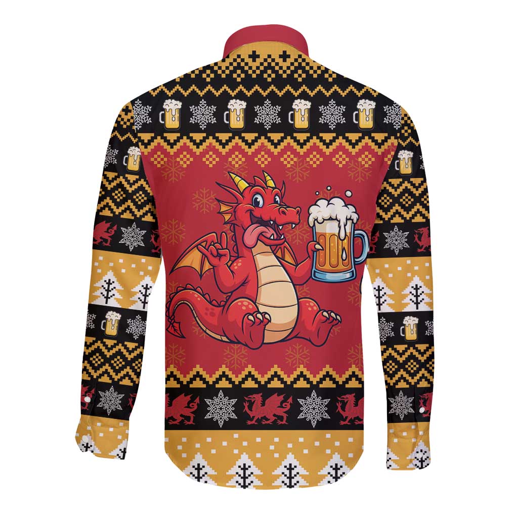 Carmarthenshire Wales Christmas Long Sleeve Button Shirt Funny Welsh Red Dragon Beer Xmas - Wonder Print Shop
