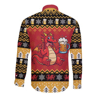 Carmarthenshire Wales Christmas Long Sleeve Button Shirt Funny Welsh Red Dragon Beer Xmas - Wonder Print Shop