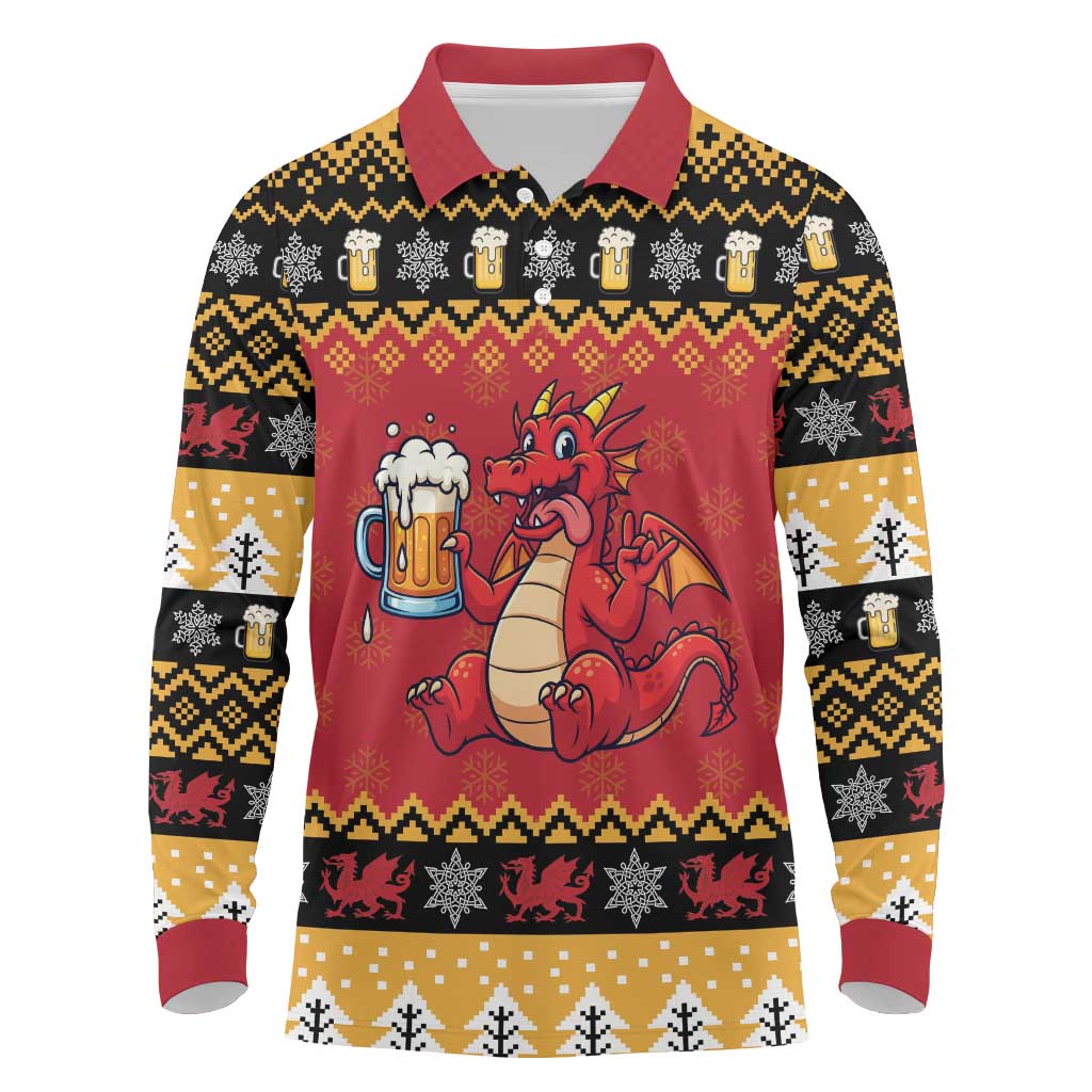 Carmarthenshire Wales Christmas Long Sleeve Polo Shirt Funny Welsh Red Dragon Beer Xmas - Wonder Print Shop