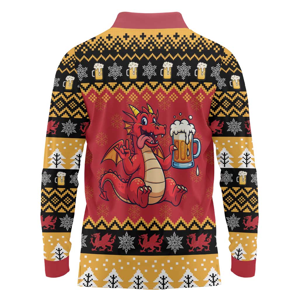 Carmarthenshire Wales Christmas Long Sleeve Polo Shirt Funny Welsh Red Dragon Beer Xmas - Wonder Print Shop