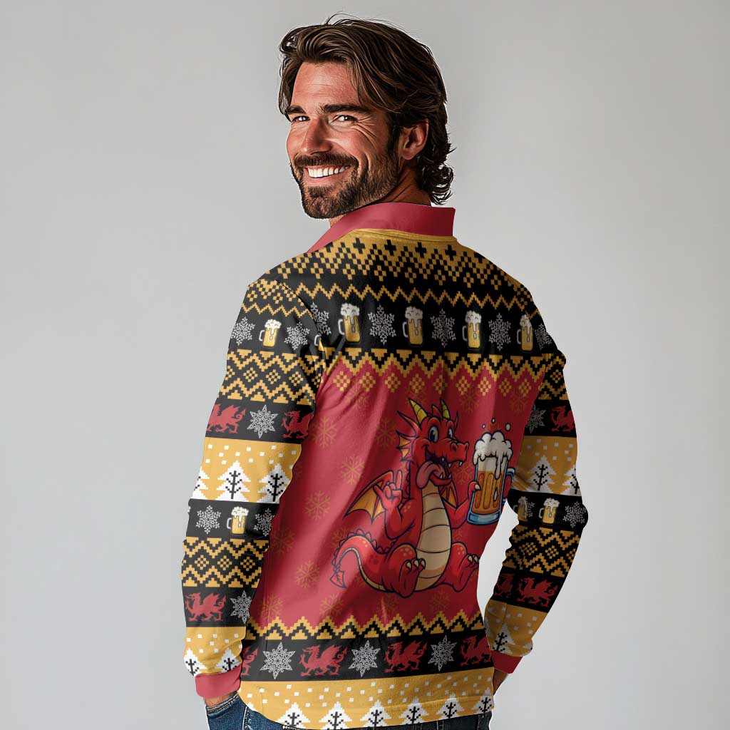 Carmarthenshire Wales Christmas Long Sleeve Polo Shirt Funny Welsh Red Dragon Beer Xmas - Wonder Print Shop