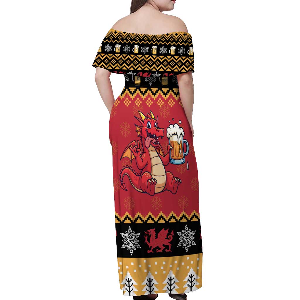 Carmarthenshire Wales Christmas Off Shoulder Maxi Dress Funny Welsh Red Dragon Beer Xmas - Wonder Print Shop