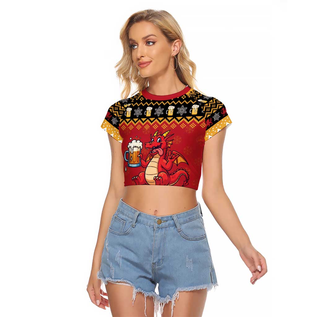 Carmarthenshire Wales Christmas Raglan Cropped T Shirt Funny Welsh Red Dragon Beer Xmas - Wonder Print Shop