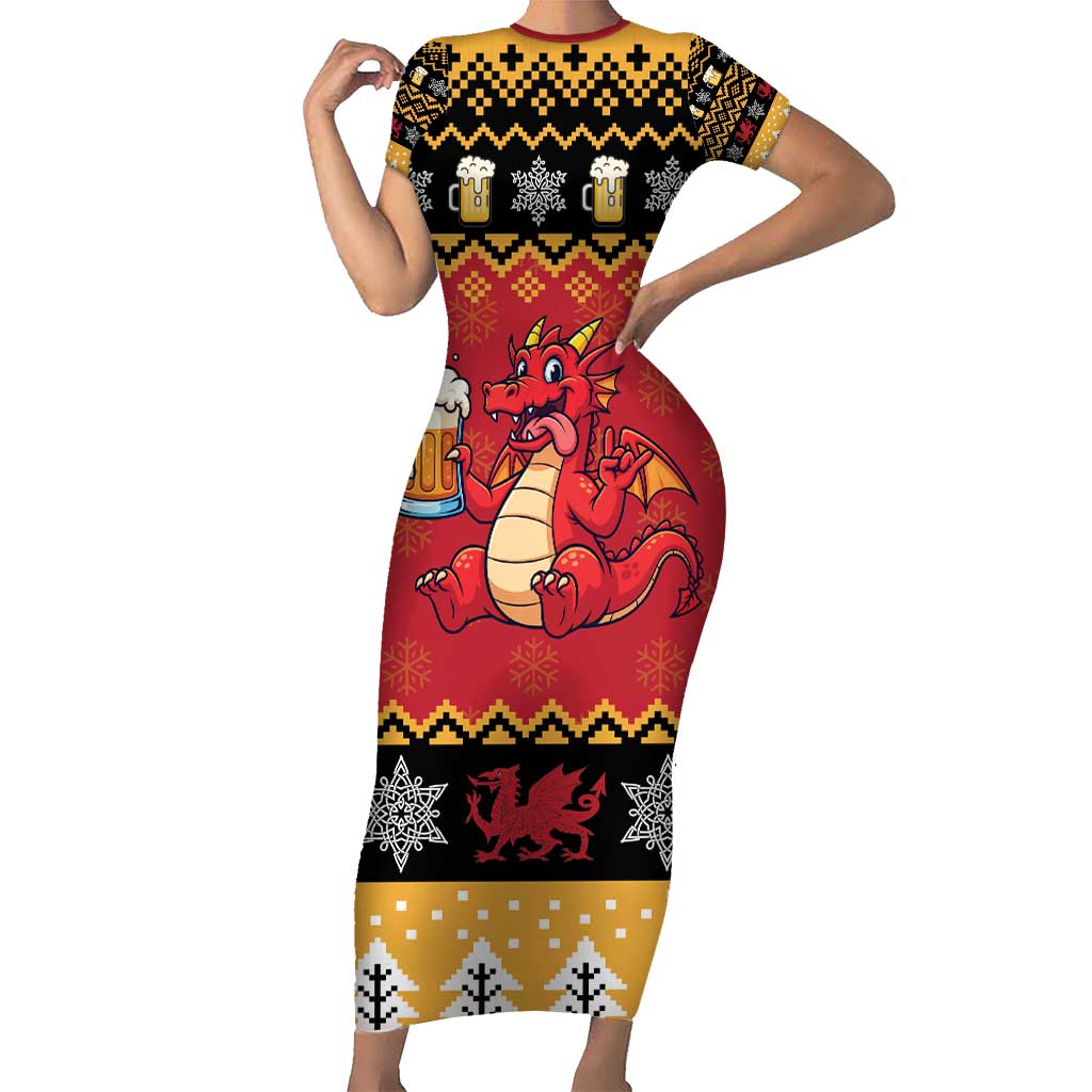 Carmarthenshire Wales Christmas Short Sleeve Bodycon Dress Funny Welsh Red Dragon Beer Xmas - Wonder Print Shop