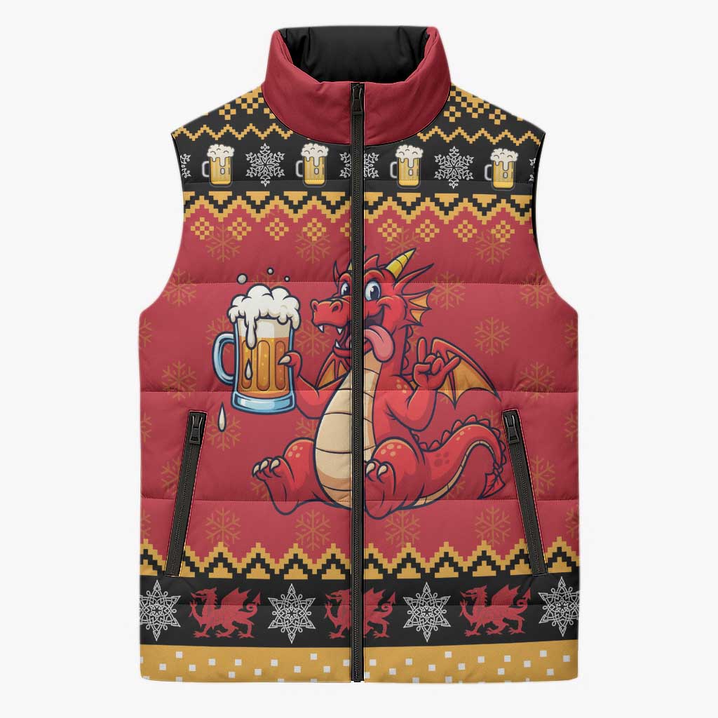 Carmarthenshire Wales Christmas Sleeveless Puffer Jacket Funny Welsh Red Dragon Beer Xmas - Wonder Print Shop