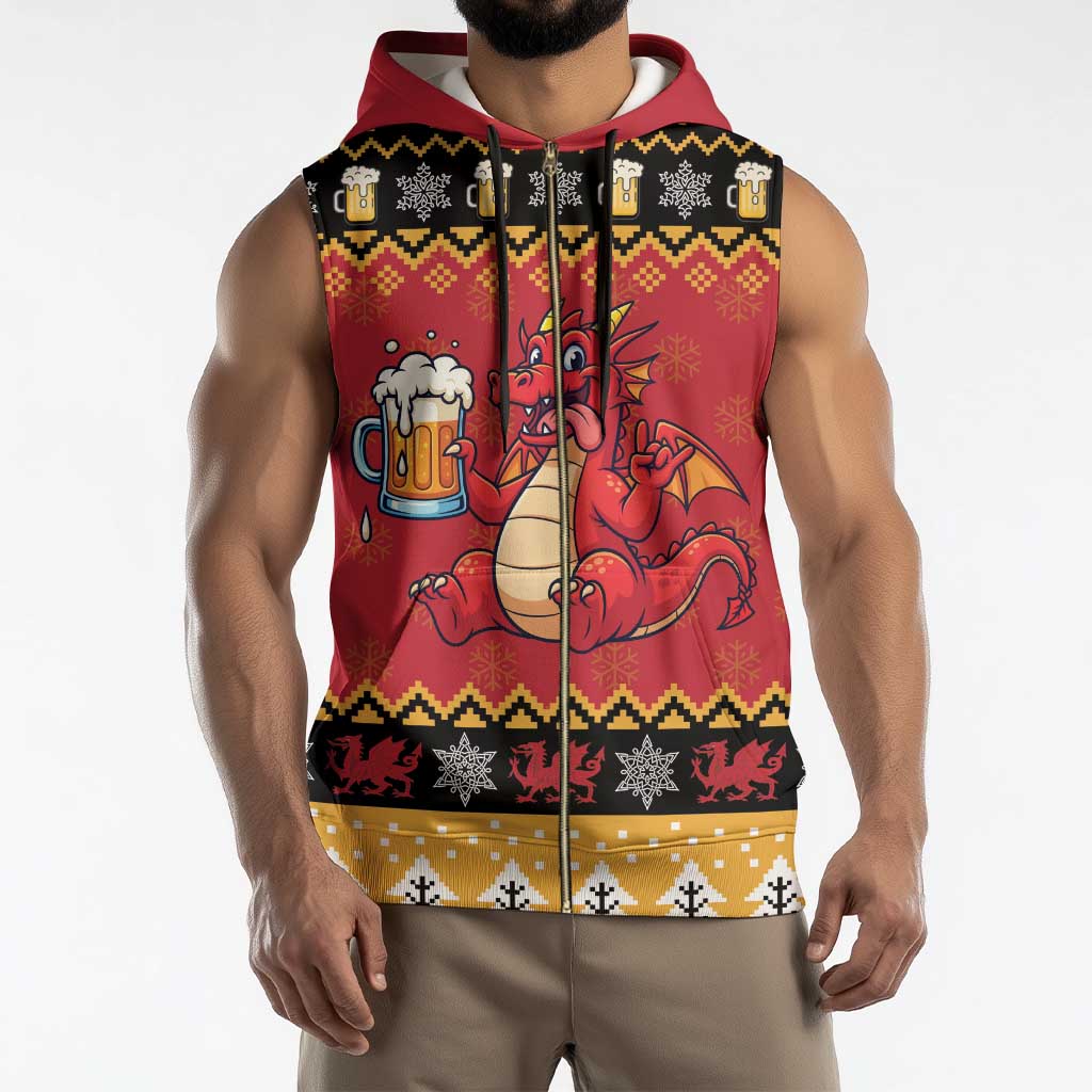 Carmarthenshire Wales Christmas Sleeveless Zip Hoodie Funny Welsh Red Dragon Beer Xmas - Wonder Print Shop