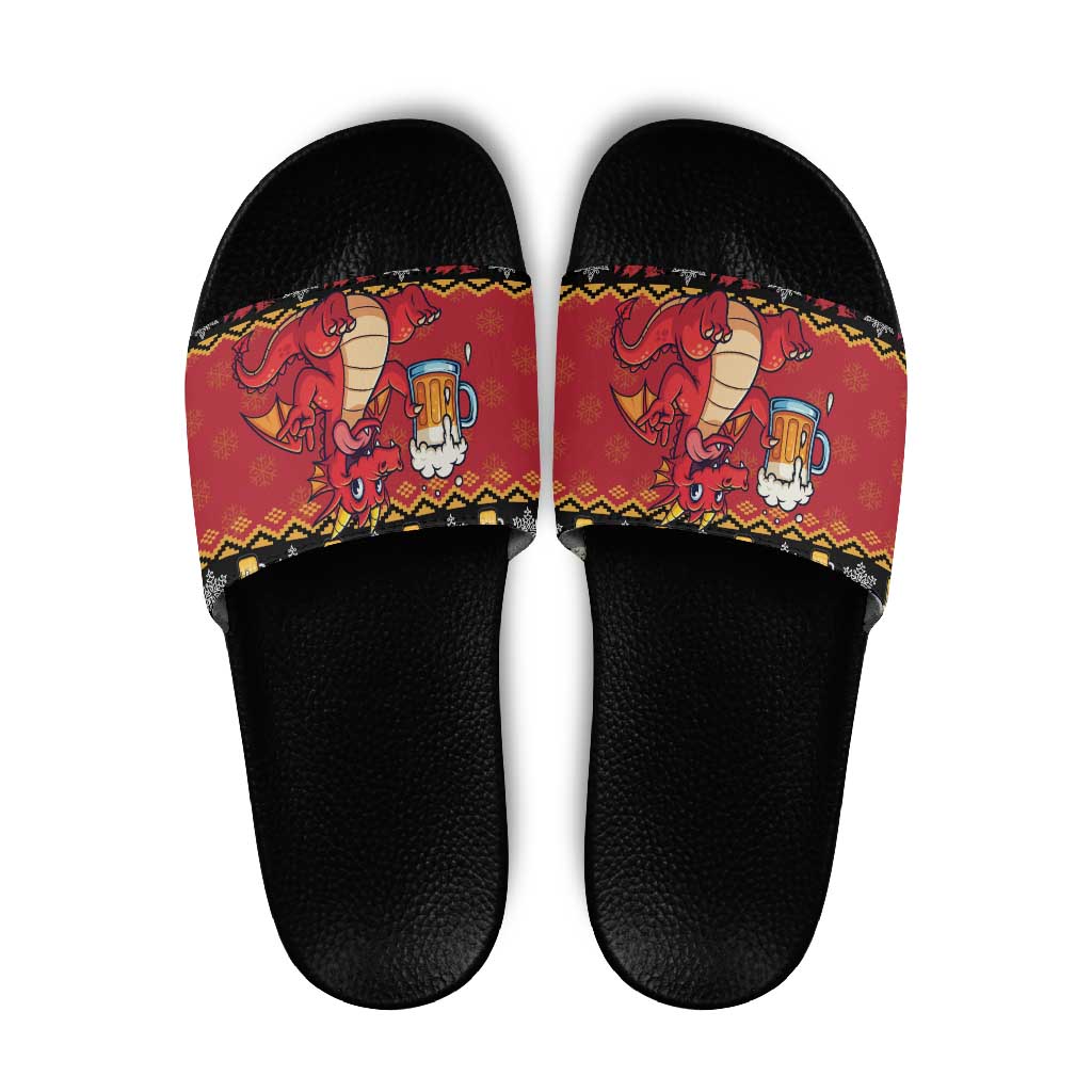 Carmarthenshire Wales Christmas Slide Sandals Funny Welsh Red Dragon Beer Xmas - Wonder Print Shop
