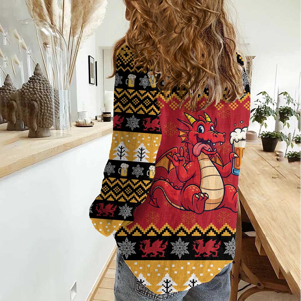 Carmarthenshire Wales Christmas Women Casual Shirt Funny Welsh Red Dragon Beer Xmas - Wonder Print Shop